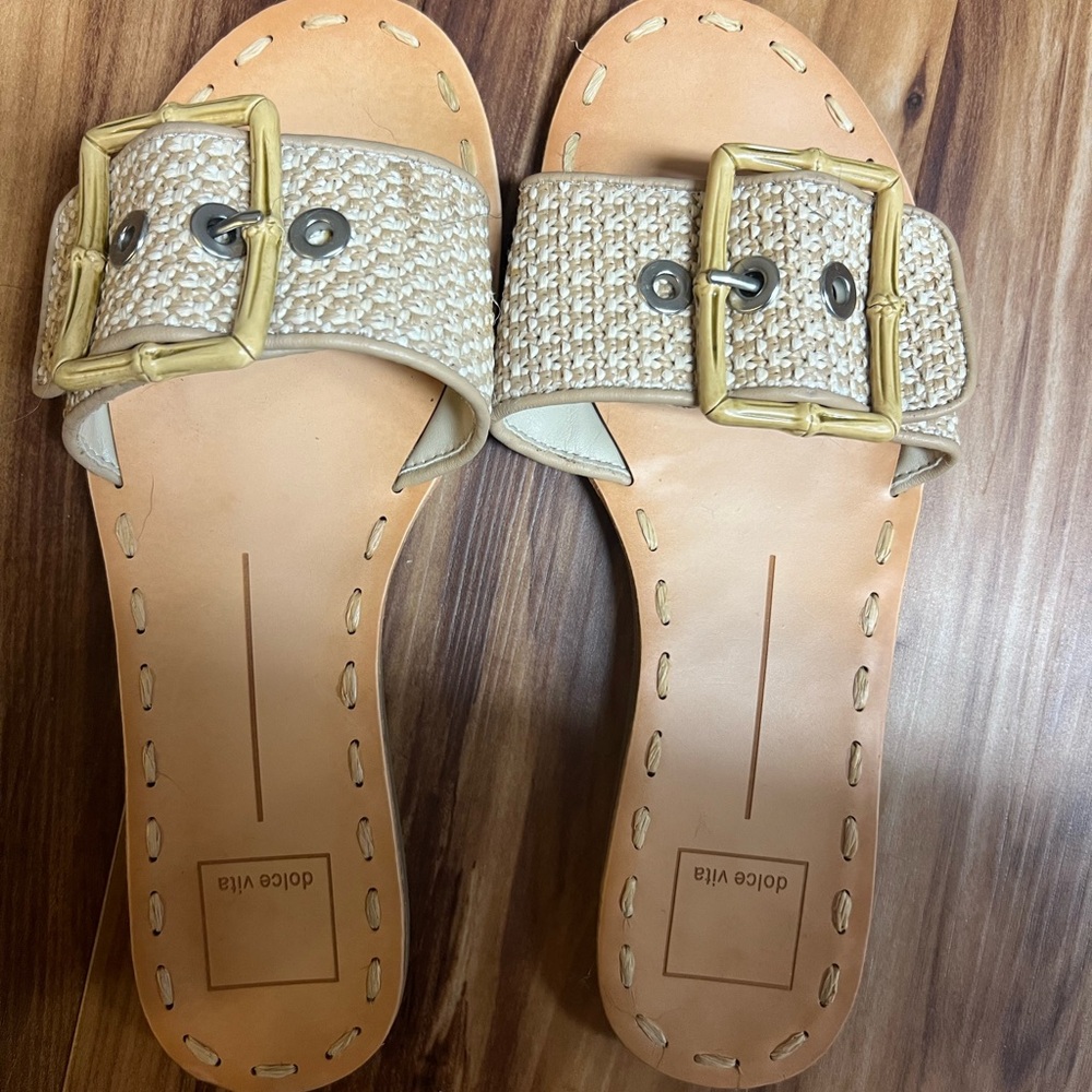 Dolce Vita Tan and Gold Sandals with Decorative Buckle